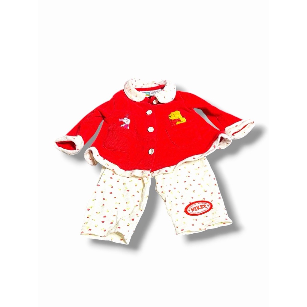 vintage winnie the pooh baby Girl Set Sweater Pants 3-6 Month red Embroidered